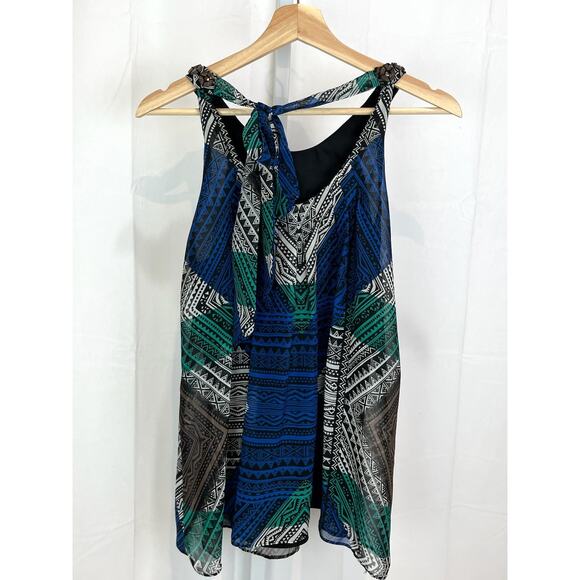 ECI Womens Sz 4 Beaded Sleeveless Top Printed Blouse Tank Tie Halter Multicolor - Picture 2 of 6
